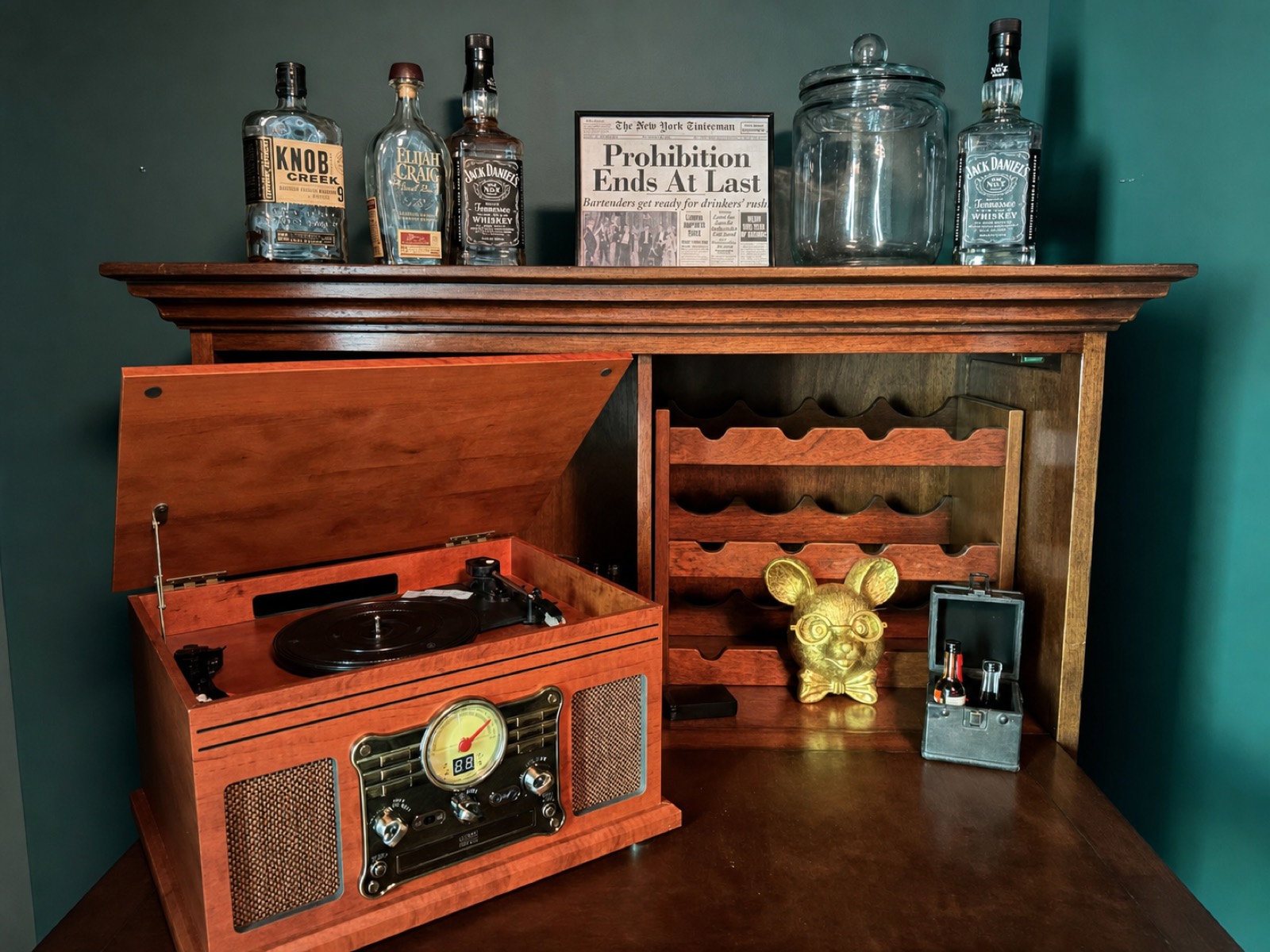 Speakeasy bar cabinet with record player