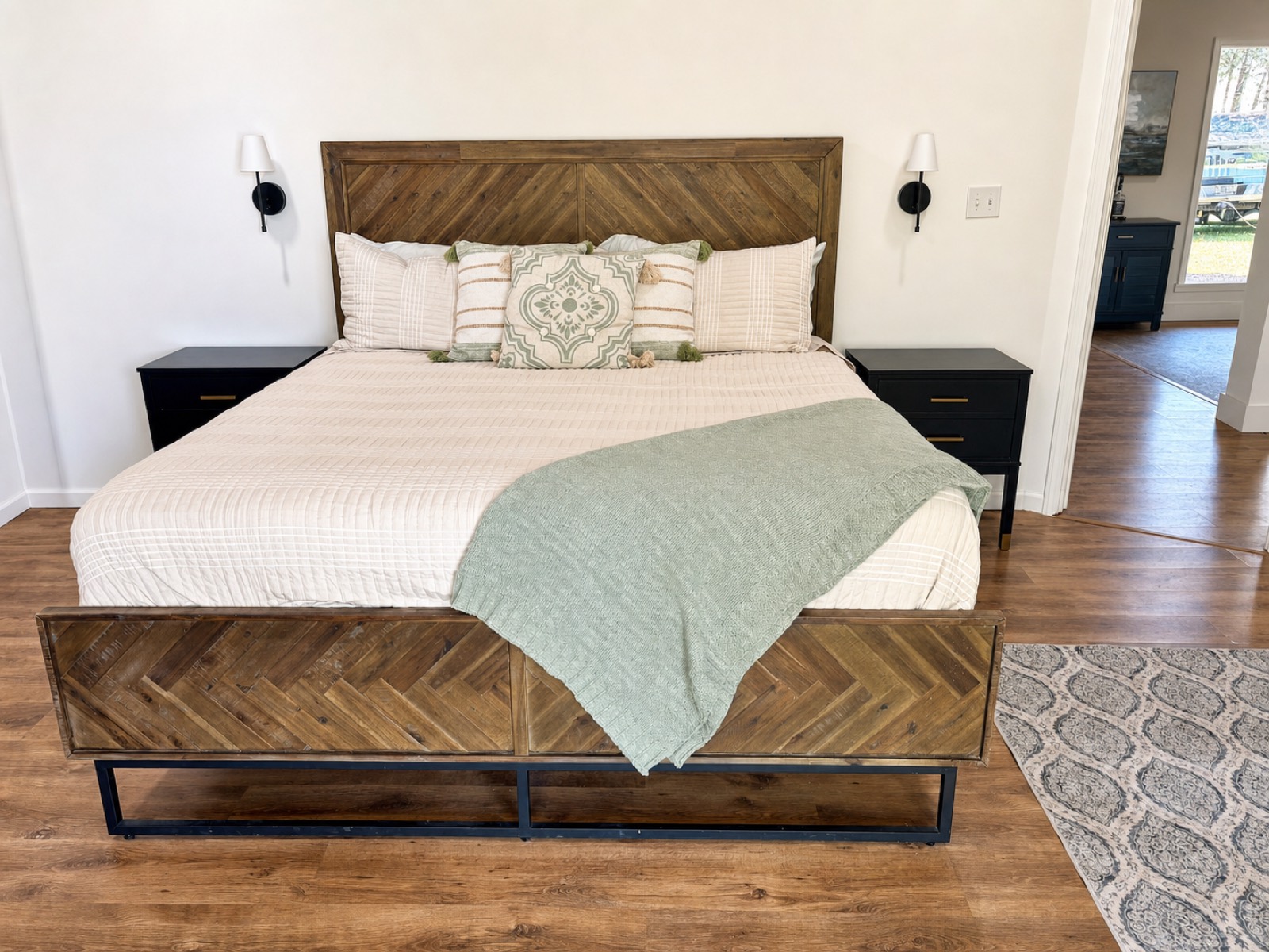 King bedroom with herringbone headboard